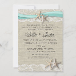 Invitación Starfish and Lace Rustic Beach Aqua Boda