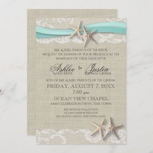 Invitación Starfish and Lace Rustic Beach Aqua Boda (Anverso / Reverso)