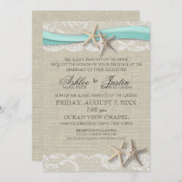 Invitación Starfish and Lace Rustic Beach Aqua Boda