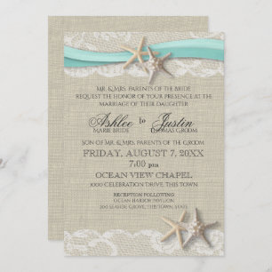 Invitación Starfish and Lace Rustic Beach Aqua Boda