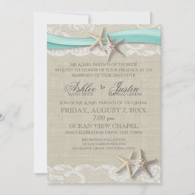 Invitación Starfish and Lace Rustic Beach Aqua Boda (Anverso)