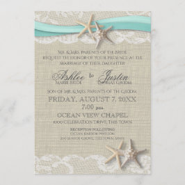 Invitación Starfish and Lace Rustic Beach Aqua Boda