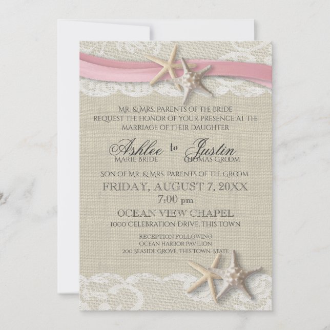 Invitación Starfish and Lace Rustic Beach Pink Boda (Anverso)