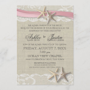 Invitación Starfish and Lace Rustic Beach Pink Boda