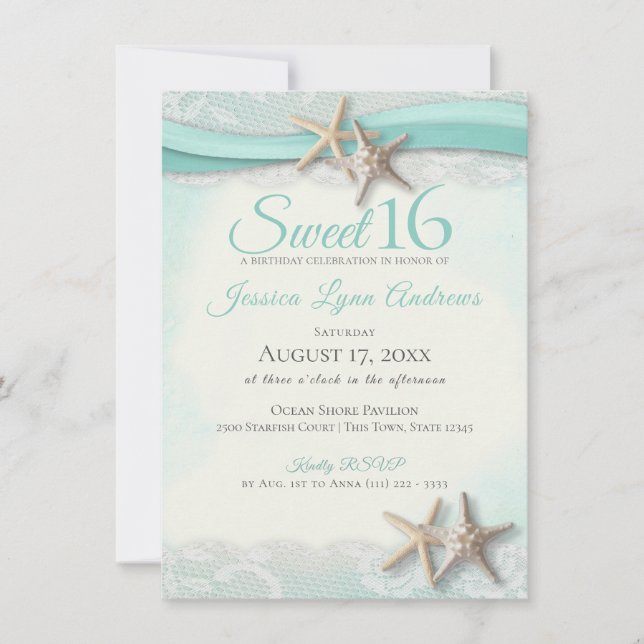 Invitación Starfish and Lace Sweet 16 (Anverso)