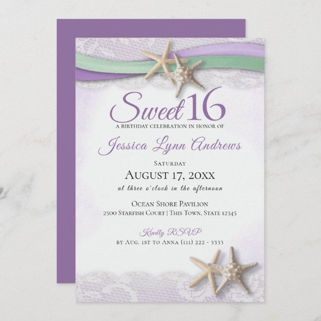 Invitación Starfish and Lace Sweet 16 (Anverso / Reverso)