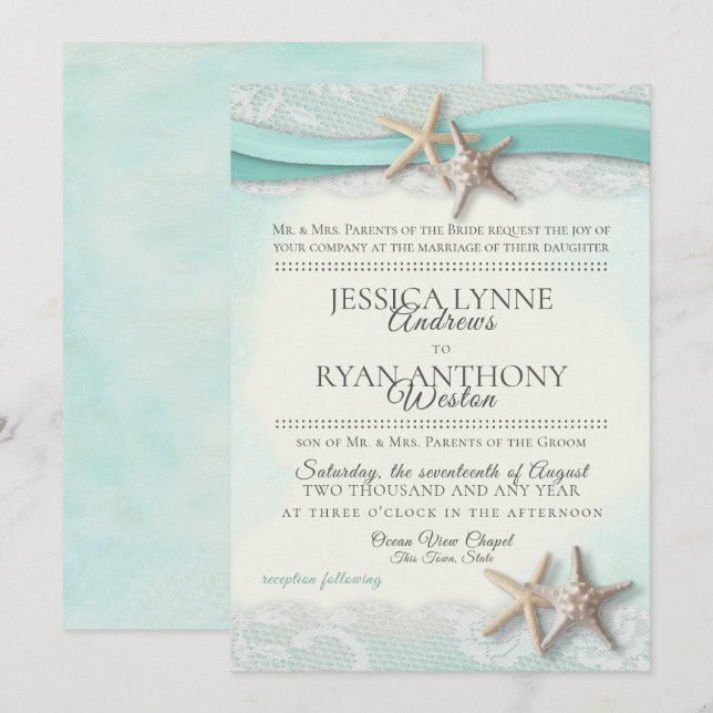 Invitación Starfish and Lace Vintage Beach Wedding (Anverso / Reverso)