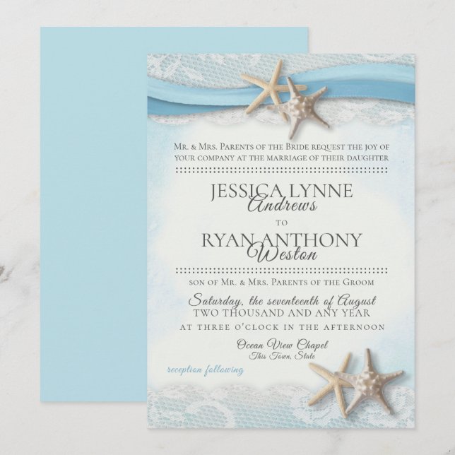 Invitación Starfish and Lace Vintage Blue Beach Wedding (Anverso / Reverso)