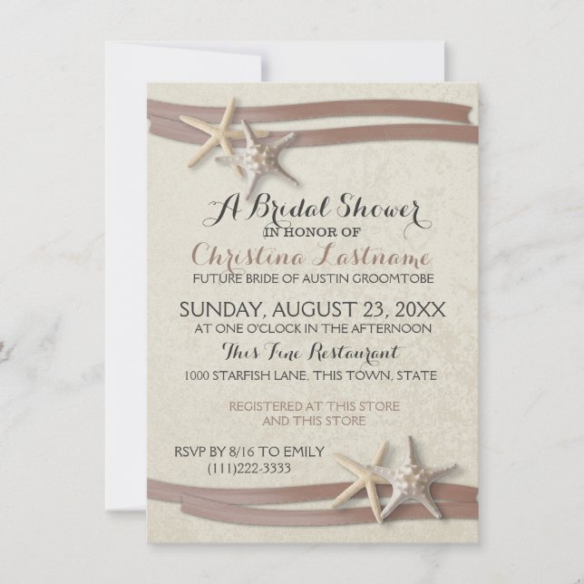 Invitación Starfish and Mocha Ribbon Bridal Shower (Anverso)