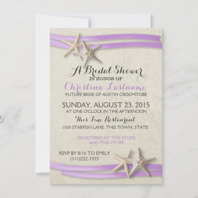 Invitación Starfish and Purple Ribbon Bridal Shower (Anverso)