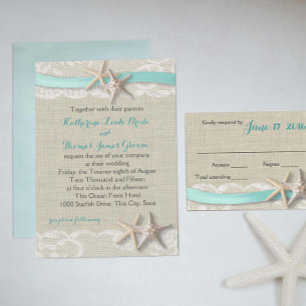 Invitación Starfish and Ribbon Beach Aqua