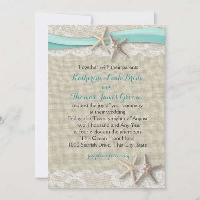 Invitación Starfish and Ribbon Beach Aqua (Anverso)