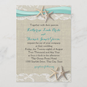 Invitación Starfish and Ribbon Beach Aqua