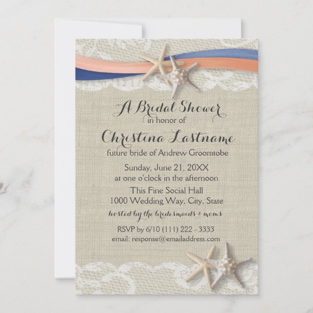 Invitación Starfish and Ribbon Blue Coral Brial Shower (Anverso)