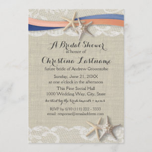 Invitación Starfish and Ribbon Blue Coral Brial Shower