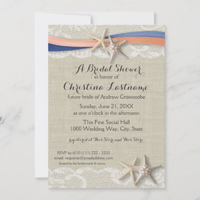 Invitación Starfish and Ribbon Blue Coral Brial Shower (Anverso)