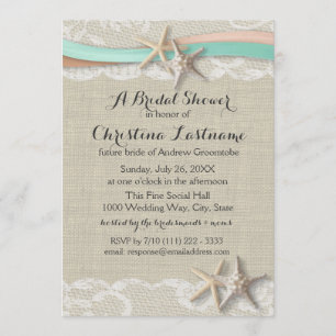 Invitación Starfish and Ribbon Peach and Mint Bridal Shower