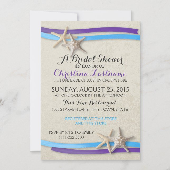 Invitación Starfish and Ribbon Purple and Blue Bridal Shower2 (Anverso)