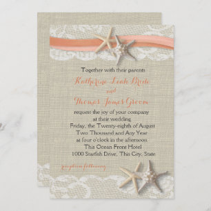 Invitación Starfish and Ribbon Vintage Beach Coral Boda
