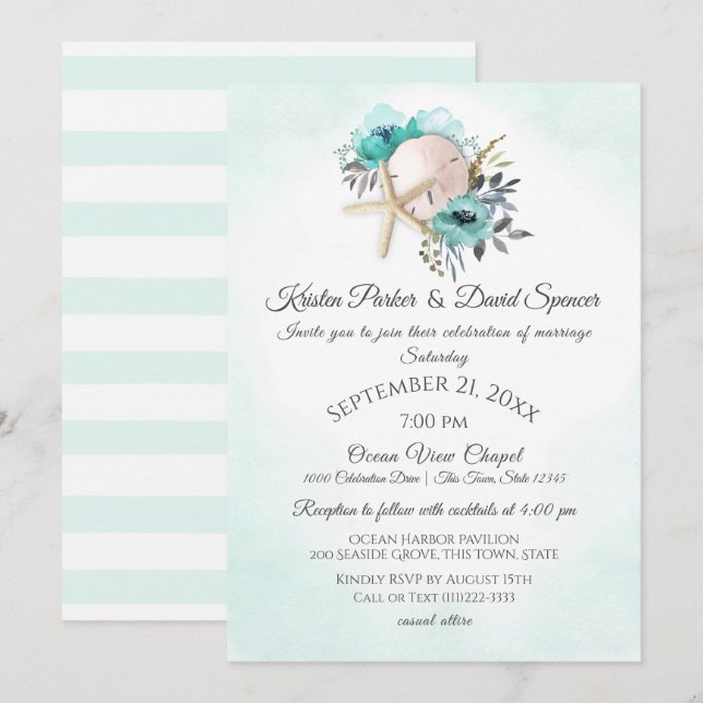 Invitación Starfish and Sand Dollar Floral Beach Wedding Invi (Anverso / Reverso)