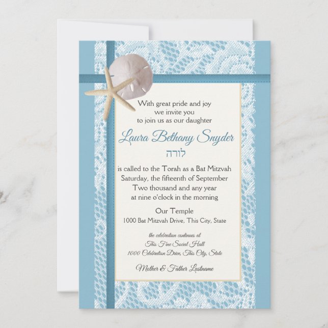 Invitación Starfish and Sand Dollar Ocean Bat Mitzvah (Anverso)