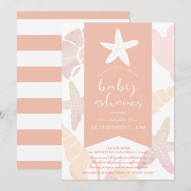 Invitación Starfish and Seashells Pink Drive by Baby Shower (Anverso / Reverso)