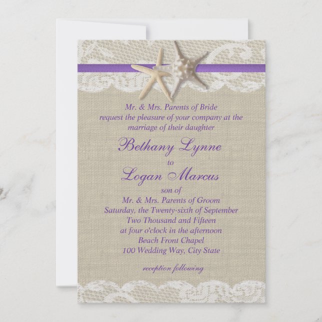 Invitación Starfish and White Lace Purple (Anverso)