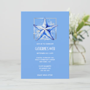 Invitación Starfish azul plata blanca playa cumpleaños