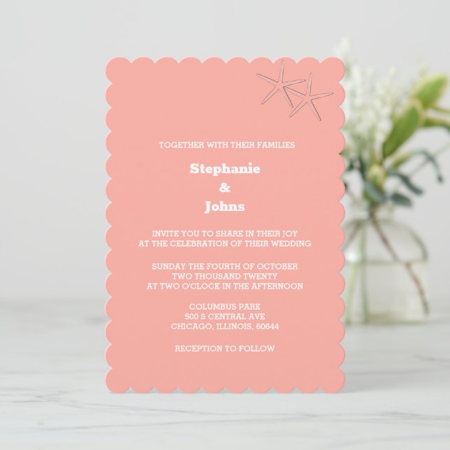 Invitación Starfish Beach Salmon Naranja de destino Boda (Anverso de pie)