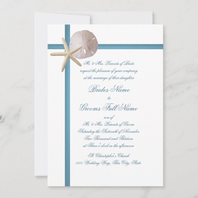 Invitación Starfish de bodas en la playa y azul de arena (Anverso)