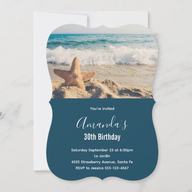 Invitación Starfish en una playa de arena Fotografía Cumpleañ (Anverso)