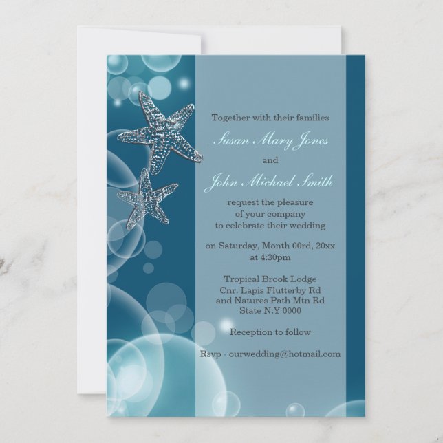 Invitación Starfish faux burbujas de plata chispa azul (Anverso)
