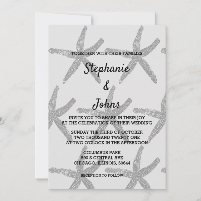 Invitación Starfish Gray Black Trendy Beach Wedding (Anverso)