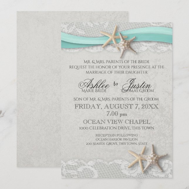 Invitación Starfish Lace Gray y Aqua Boda (Anverso / Reverso)