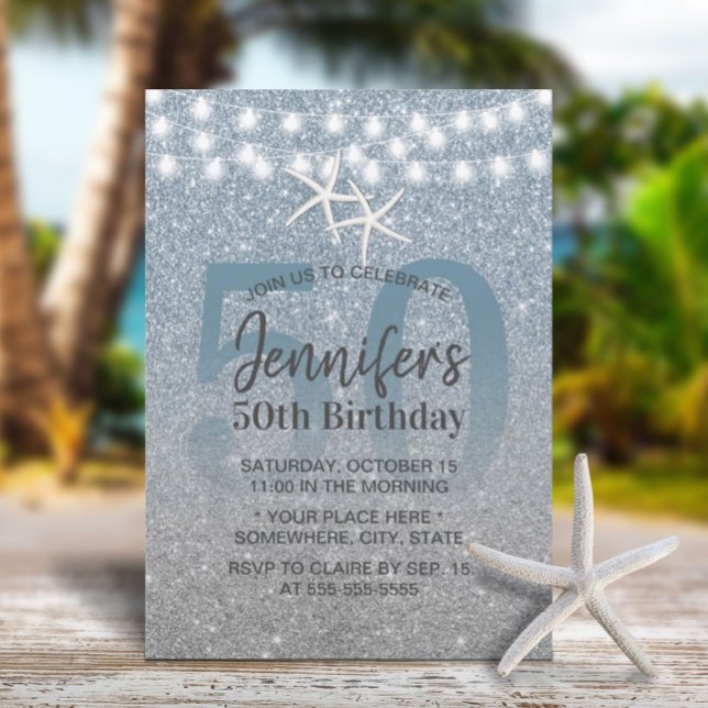Invitación Starfish Modern Dusty Blue Purpurina 50 cumpleaños (Subido por el creador)