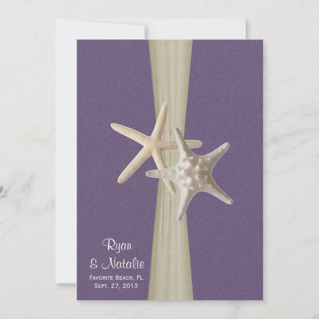 Invitación Starfish morado de bodas de playa (Anverso)