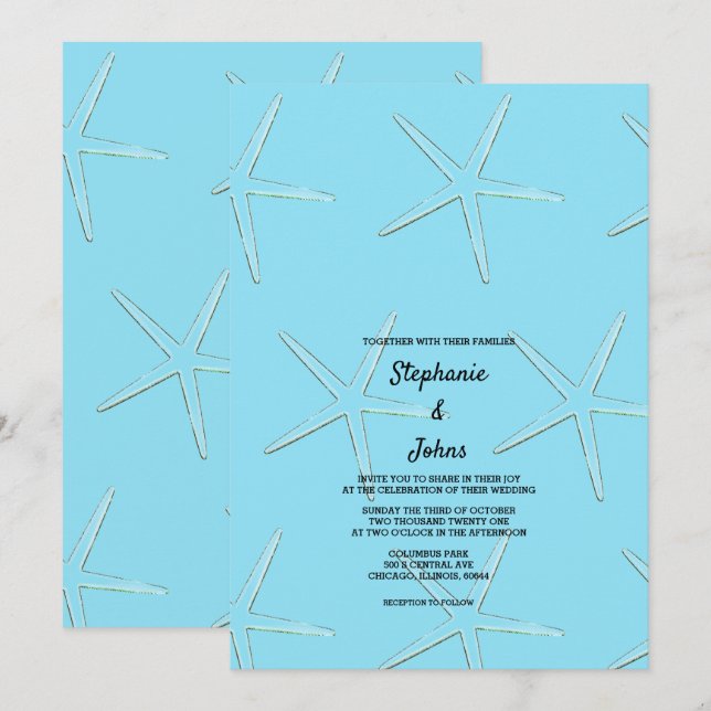 Invitación Starfish Pattern Blue Beach Destination Wedding (Anverso / Reverso)