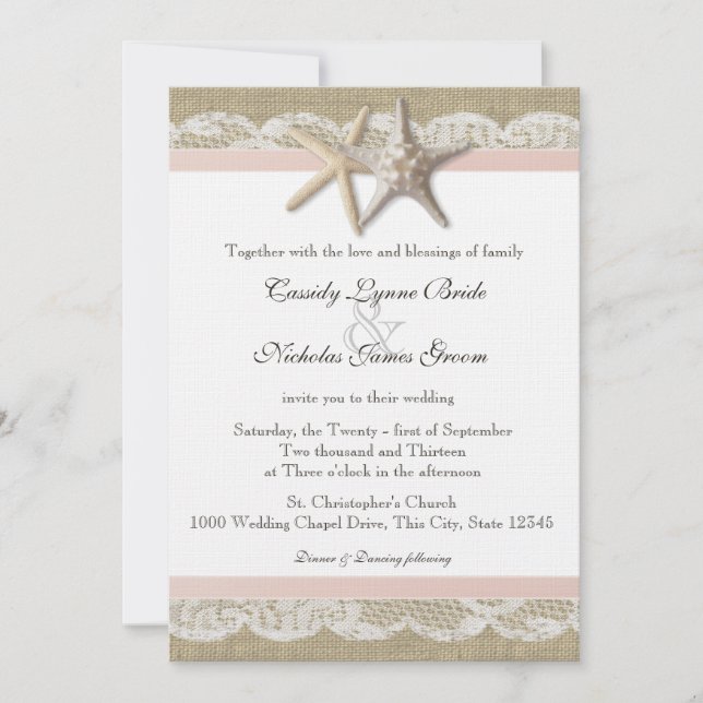 Invitación Starfish Rubor Country Lace y Burlap Boda (Anverso)