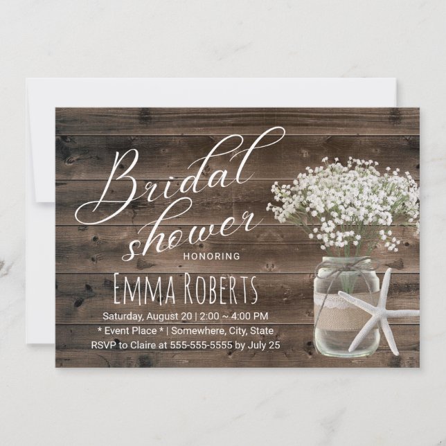 Invitación Starfish Rustic Floral Jar Beach Bridal Shower (Anverso)