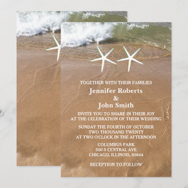 Invitación Starfish Sandy Beach Ocean Nautical Cute Boda (Anverso / Reverso)