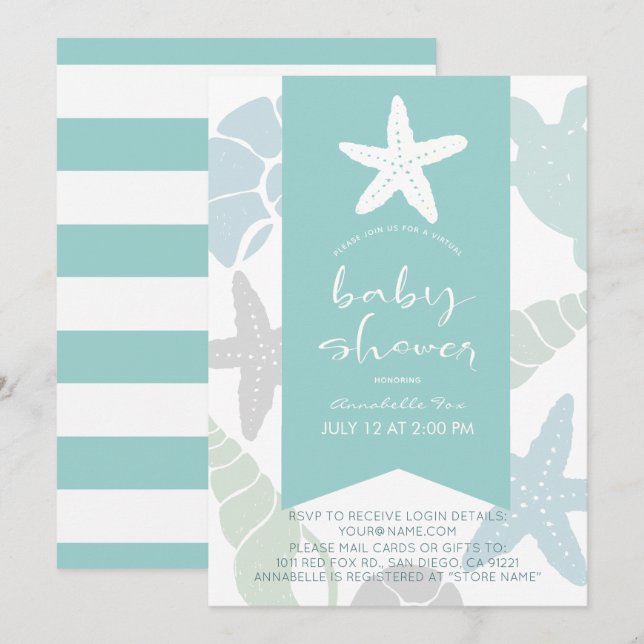 Invitación Starfish & Seasheles Baby Shower virtual Turquoise (Anverso / Reverso)