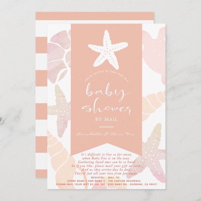 Invitación Starfish & Seasheles Pink Baby Shower por correo (Anverso / Reverso)