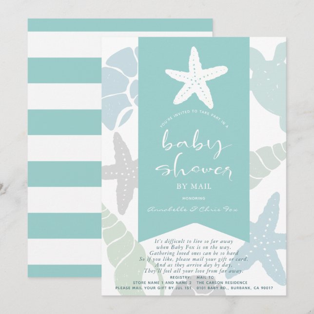 Invitación Starfish & Seasheles Turquoise Baby Shower por cor (Anverso / Reverso)