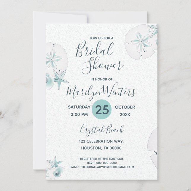 Invitación Starfish Shells Modern Elegant Beach Bridal Shower (Anverso)