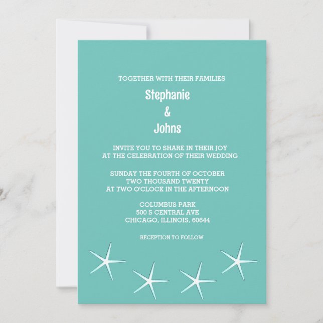 Invitación Starfish Teal Blue Beach Destino Boda Cool (Anverso)