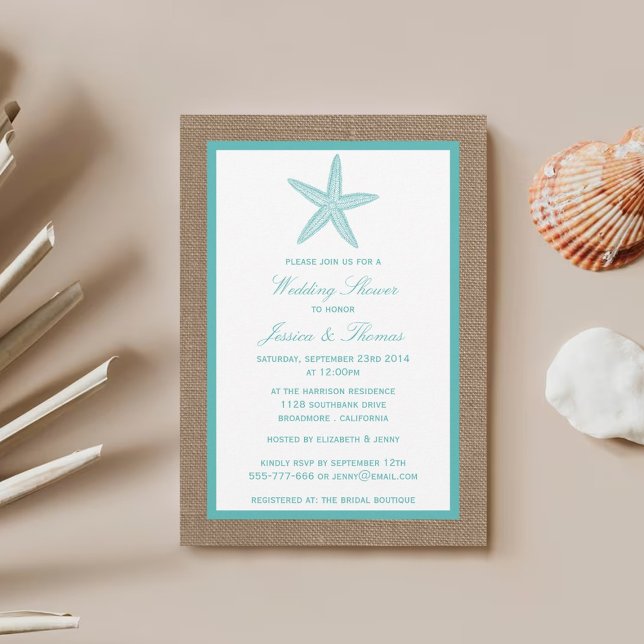 Invitación Starfish Turquesa En La Ducha De Bodas Burlap Beac (Subido por el creador)