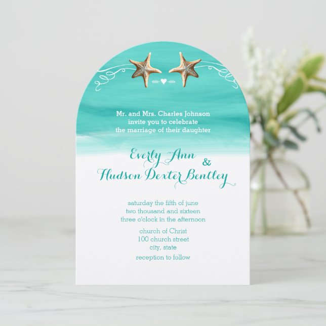 Invitación Starfish Turquoise Aqua Destination Beach Wedding (Anverso de pie)