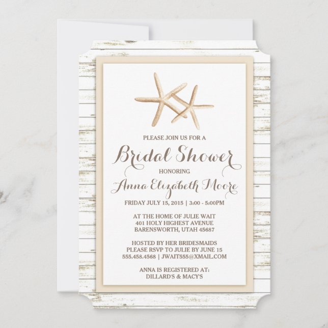 Invitación Starfish Whitewashed Wood Beach Bridal Shower (Anverso)