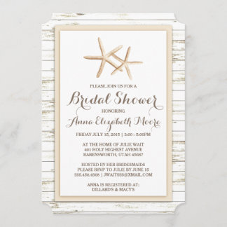 Invitación Starfish Whitewashed Wood Beach Bridal Shower
