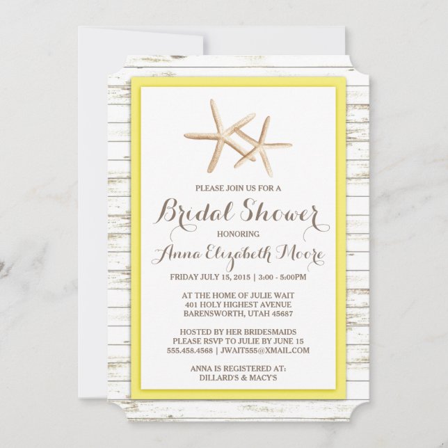 Invitación Starfish Whitewashed Wood Beach Bridal Shower (Anverso)